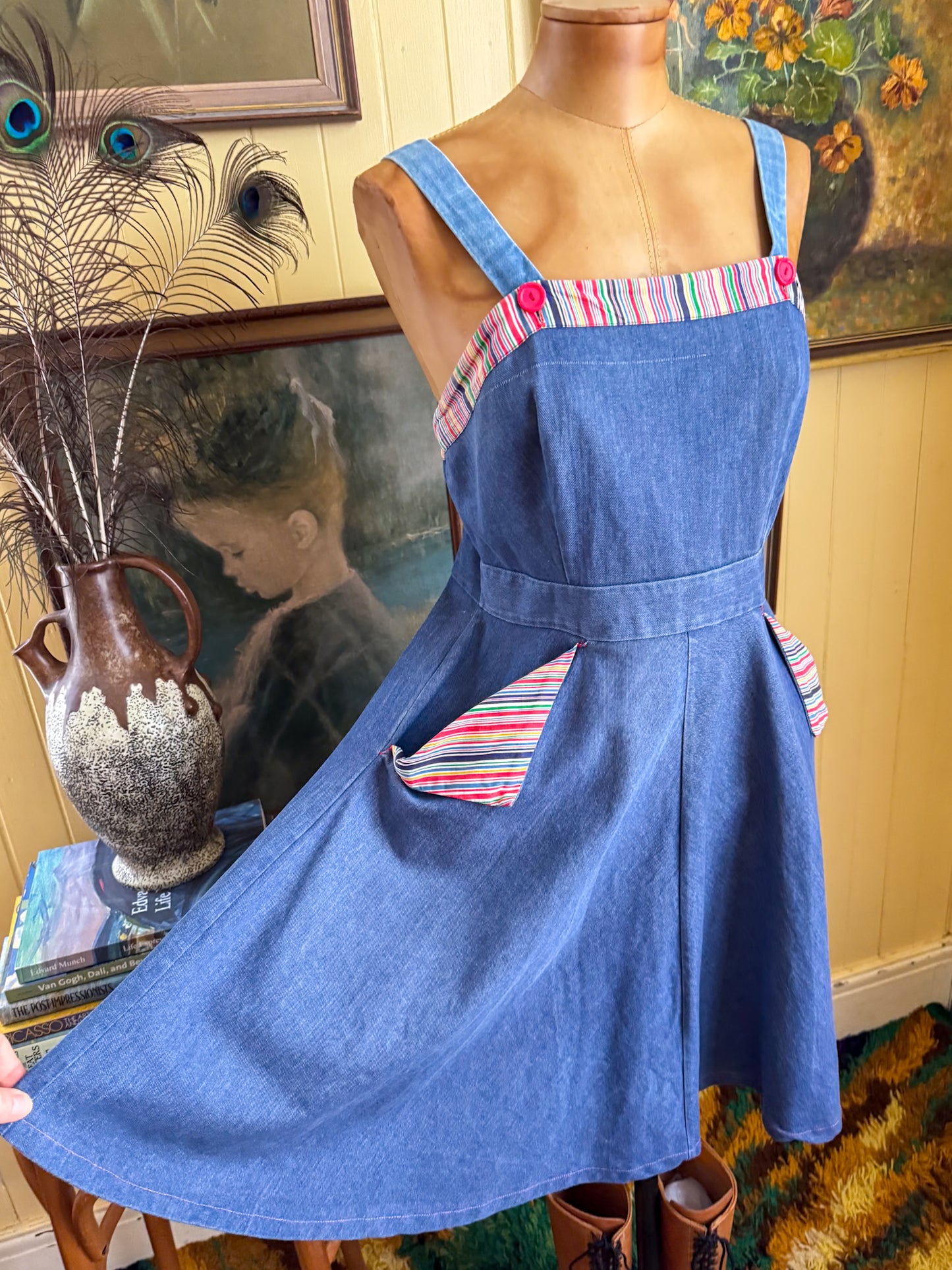 VINTAGE 1970S TARGET CHAMBRAY DENIM STRIPE MIDI PINAFORE DRESS S