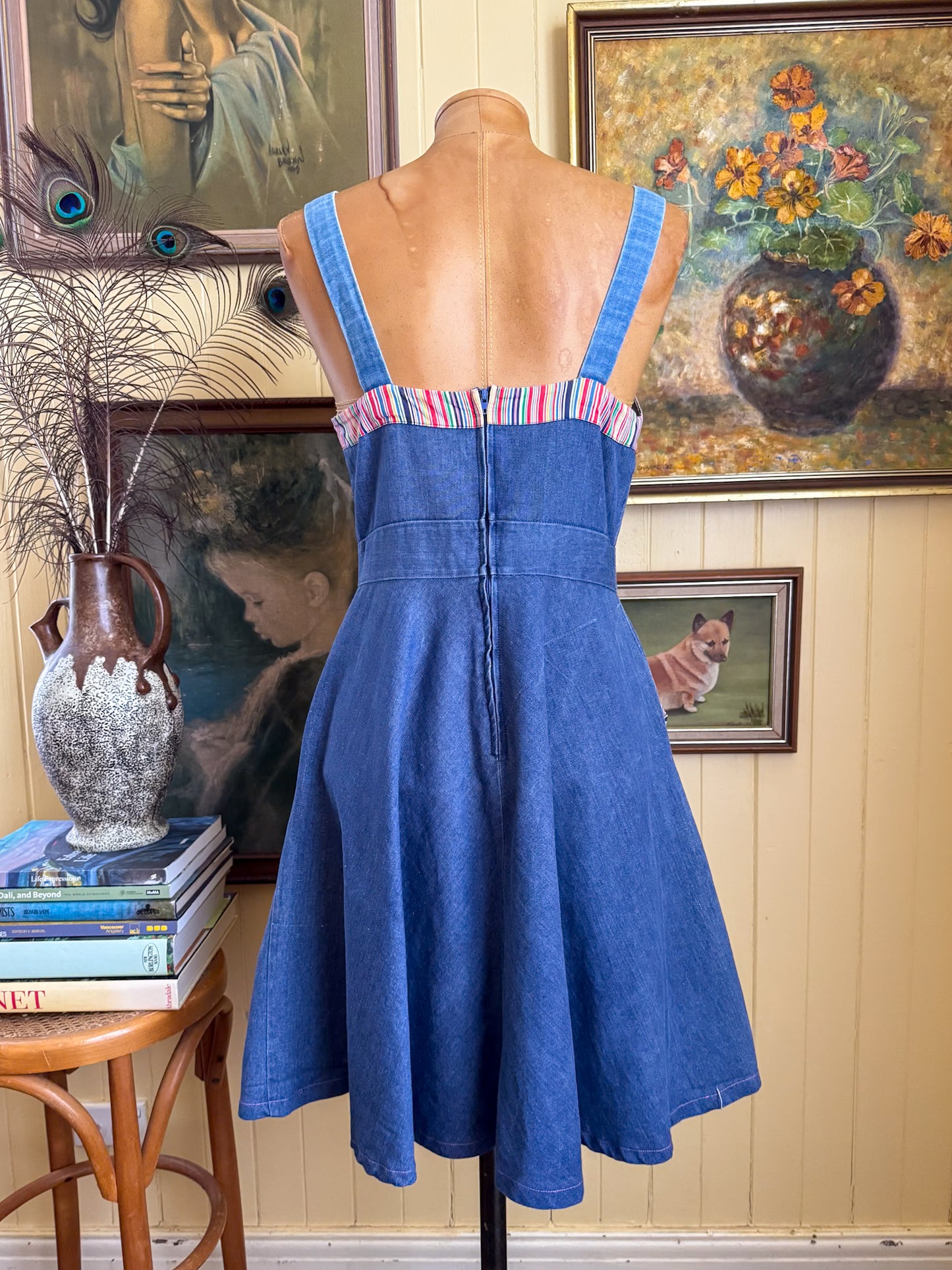VINTAGE 1970S TARGET CHAMBRAY DENIM STRIPE MIDI PINAFORE DRESS S