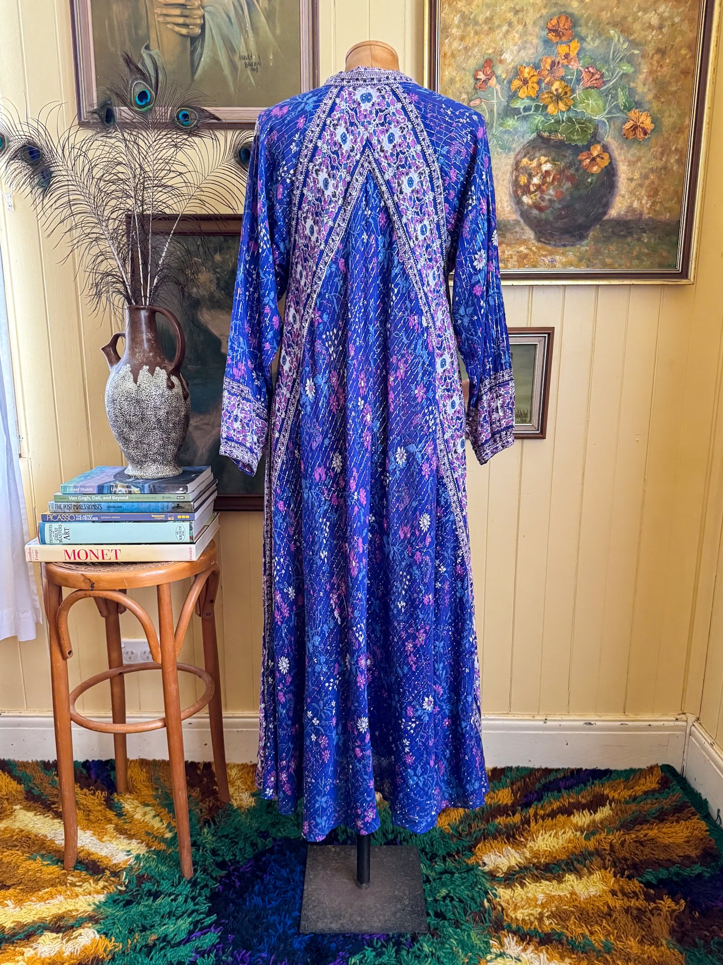 VINTAGE 1970S COTTON GAUZE BLOCK PRINT LUREX MAXI KAFTAN DRESS S/M/L