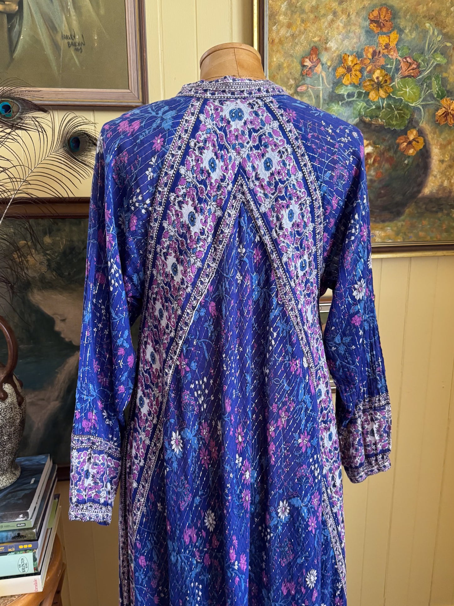 VINTAGE 1970S COTTON GAUZE BLOCK PRINT LUREX MAXI KAFTAN DRESS S/M/L