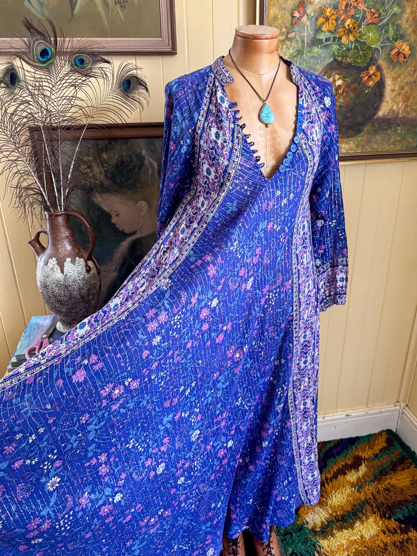 VINTAGE 1970S COTTON GAUZE BLOCK PRINT LUREX MAXI KAFTAN DRESS S/M/L