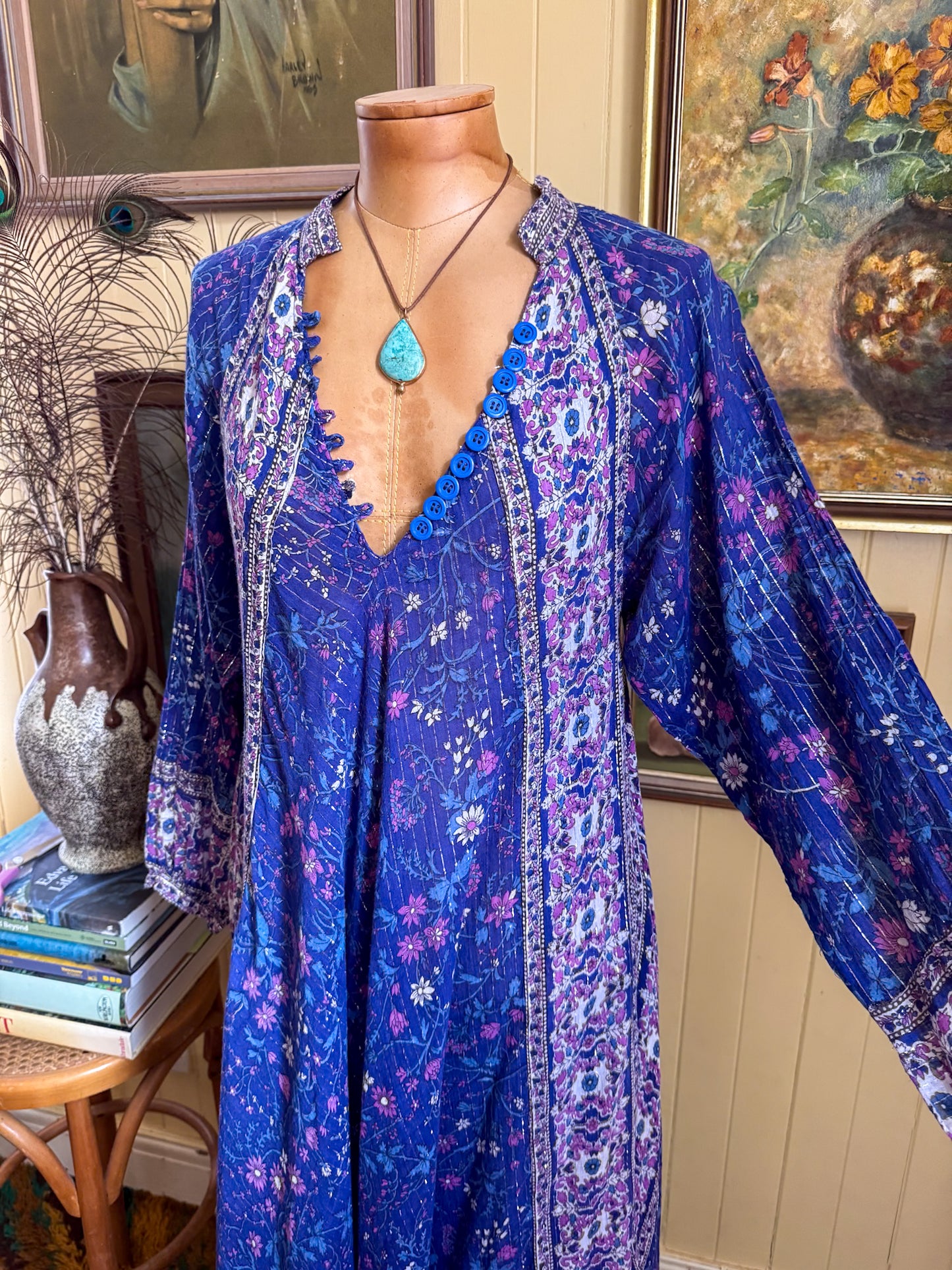 VINTAGE 1970S COTTON GAUZE BLOCK PRINT LUREX MAXI KAFTAN DRESS S/M/L
