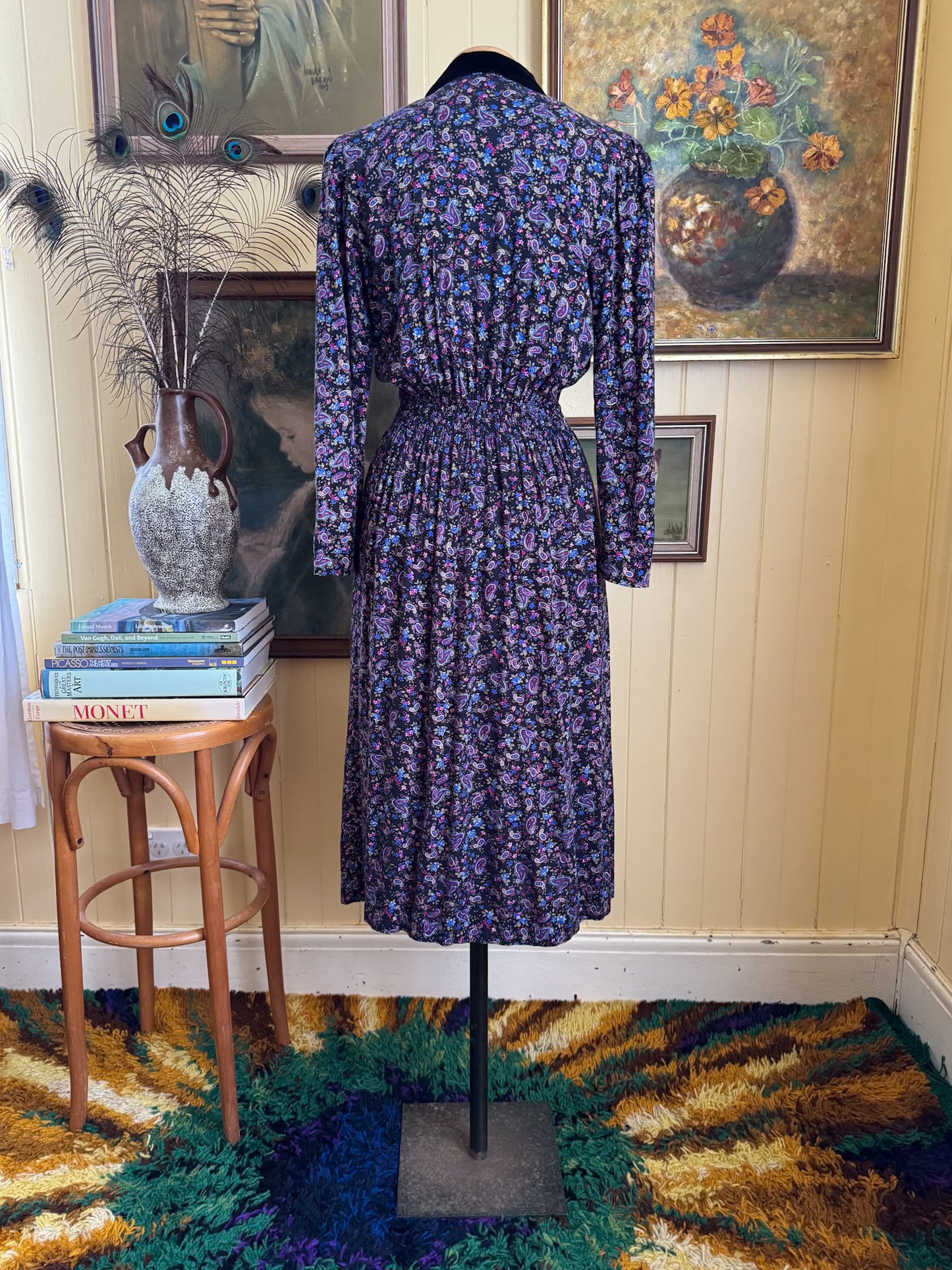 VINTAGE 1990S KARIN STEVENS KOREAN RAYON PAISLEY PRINT MIDI DRESS S/M