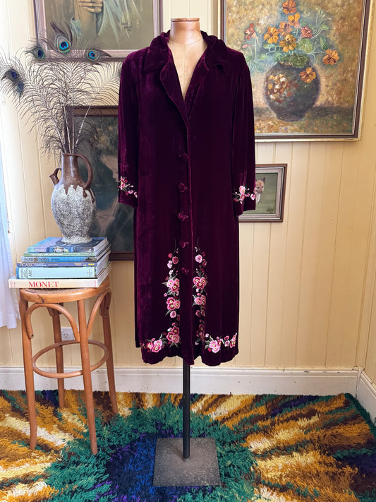 VINTAGE 1990S SARAH-JANE SILK VELVET EMBROIDERED LONGLINE ROBE JACKET M